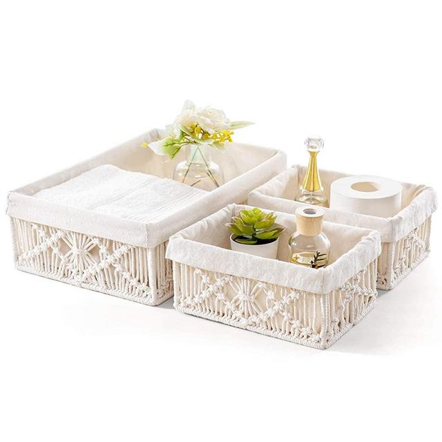 Mkono Macrame Storage Baskets with Removable Cloth Liner Boho Basket Decor Handmade Woven Decorative Table Countertop Cabinet Organizer for Bathroom Bedroom Nursery Living Room, Set of 3