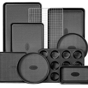 HONGBAKE 9-Piece Baking Pans Set Nonstick, Stackable Non Toxic Bakeware Sets with Diamond Texture, Oven Pan Set for Cooking, Includes Cookie Sheet with Rack, Cake Pan, Roasting Pan, Muffin Tin, Gray