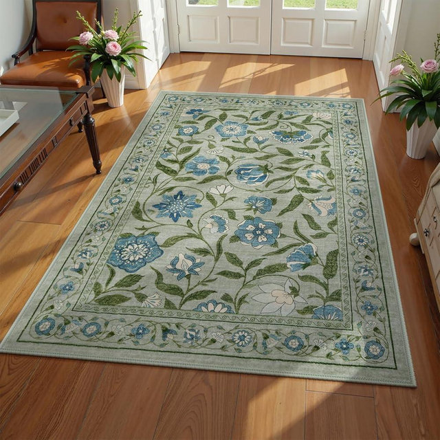 Collive Green Washable Entryway Rug, 3x5 Vintage Floral Area Rugs Soft Ultra Thin Bedroom Carpet, Non Slip Stain Resistant Modern Nursery Carpets for Bedside, Kitchen, Bathroom, Play Room
