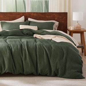 Bedsure Waffle Duvet Cover King - Moisture-Wicking Cotton Blend Rayon Derived from Bamboo Duvet Cover Set for Hot Sleepers, Cooling Bedding Set with a Vintage Charm, 3 Pieces (Olive Green, 104"x90")