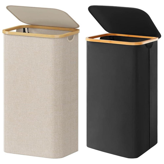 Lifewit 100L Laundry Basket with Lid, Large Tall Laundry Hamper with Bamboo Handles and Removable Bag, Collapsible Ditry Clothes Hamper in Bedroom, Bathroom, Dorm, Beige and Black