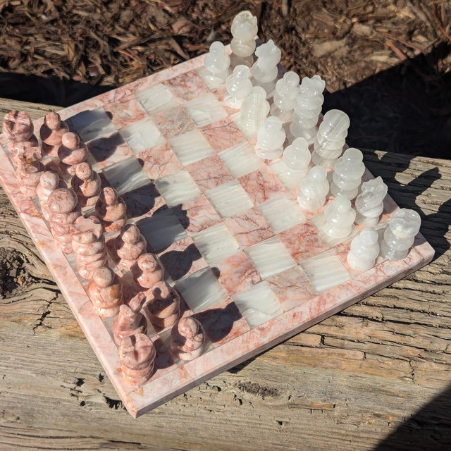 Onyx Chess Set: 7.5" Stone Board & Pieces - Pink, Black, Green