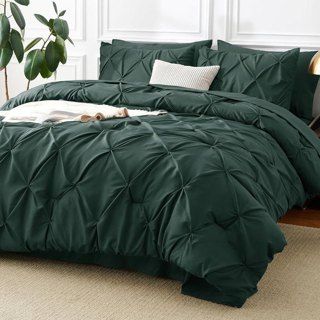 CozyLux King Size Comforter Set Forest Green, 7 Pieces Pintuck Bed in A Bag Green Comforter King Size, Pinch Pleat Bedding Set with All Season Comforter, Sheets, Pillowcases & Shams