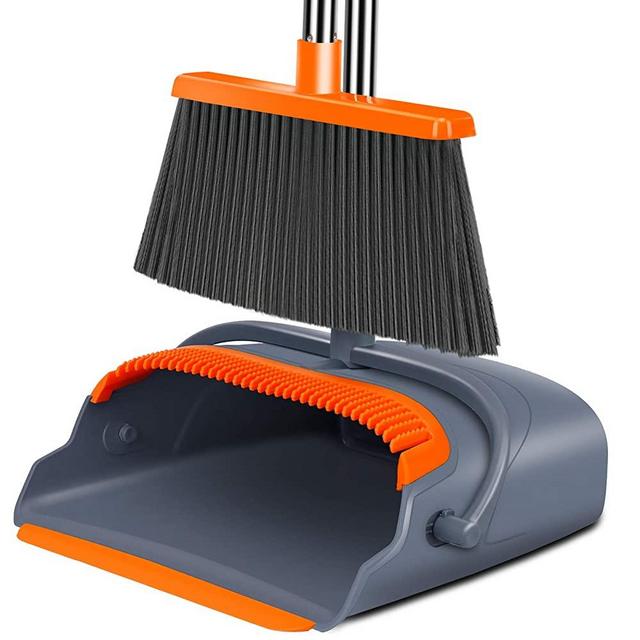 Kelamayi 2021 Upgrade Broom and Dustpan Set, Large Size and Stiff Broom Dust pan with 55.9 inch Long Handle, Upright Dustpan Broom Set Ideal for Indoor Outdoor Garage Kitchen Room Office Lobby Use