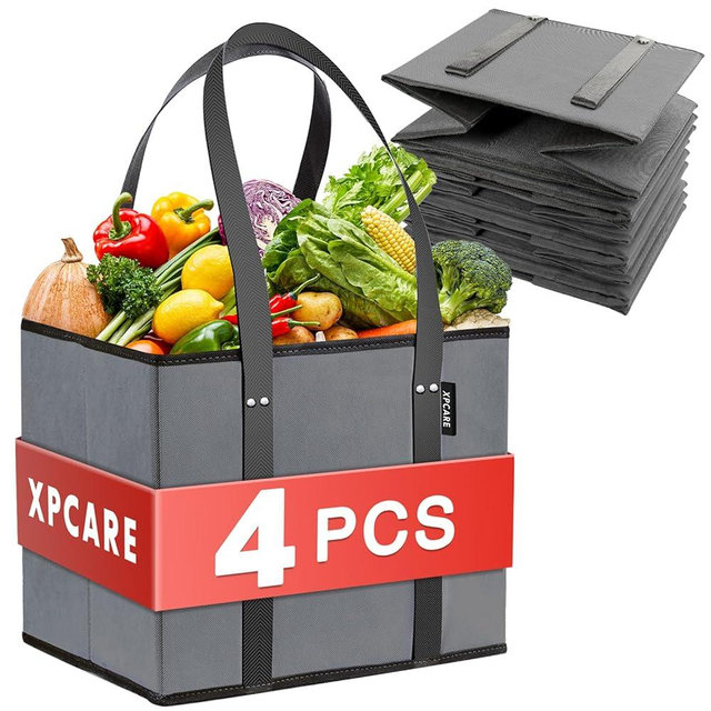 XPCARE 4 Pack Reusable Grocery Bags - Heavy Duty Reusable Shopping Bags with Box Shape to Stand Up, Stay Open, Fold Flat - Foldable Grocery Tote Bag with Long Handles & Reinforced Bottom Grey