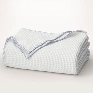 Waffle Bed Blanket- White/Hydrangea Whipstitch- King