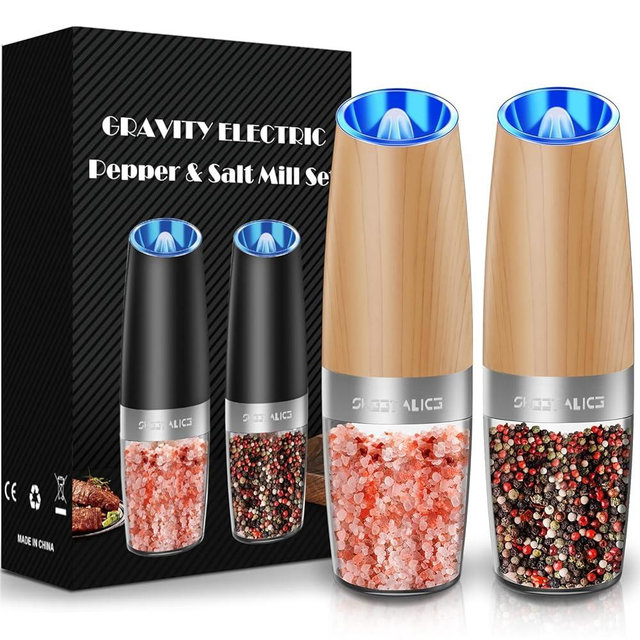 Sweet Alice Gravity Electric Pepper and Salt Grinder Set, Adjustable Coarseness, Battery Powered with LED Light, One Hand Automatic Operation, 2 Pack