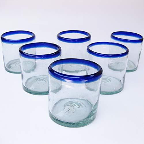 Mexican Blown Glass DOF Rock Glasses Cobalt Blue Rim (Set of 6)