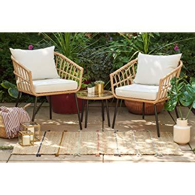 Quality Outdoor Living 65-YZSP02 Hermosa 3 Piece Chat Set, Tan Wicker + Light Beige Cushions