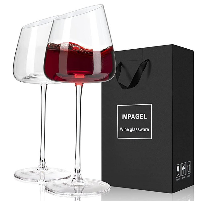Modern Slanted Red Wine Glasses Set of 2,No-lead Hand-Blown Tall Long Stem Wine glasses,Premium Crystal Clear Glass with Unique Concave Base,Gift Box-for Anniversary,Wedding,and Christmas-13.5 oz