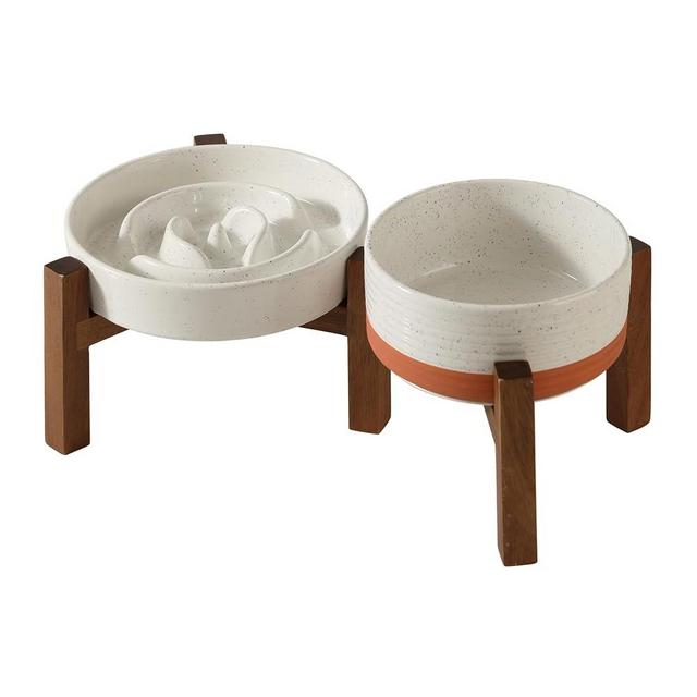 Havniva Ceramic Raised Slow Feeder Dog Bowl Set, Elevated 6.1inch Bowl and 7.3inch Dish with Acacia Wood Stand for Small and Medium Dogs(2 x Vanilla White+ Stand)