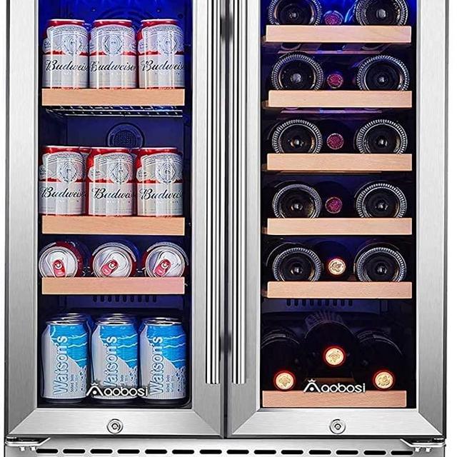 Aobosi 24 Inch Beverage and Wine Cooler Dual Zone, 2-IN-1 Wine Beverage Refrigerator with Independent Temperature Control, LED Light, Quiet Operation, Energy Saving, Hold 18 Bottles and 57 Cans