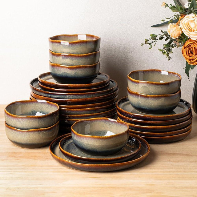 TheTerra Ceramic Dinnerware Sets for 8, 24 Pieces Porcelain Lightweight Plates and Bowls Sets, Scratch Resistant Dish Set, Oven & Microwave & Dishwasher Safe, Coffee Bean