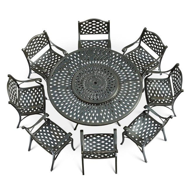 VIVIJASON 9-Piece Patio Dining Set, Rust-Free Cast Aluminum Outdoor Furniture Set, 8 Patio Dining Chairs and 61" Round Dining Table with 31" Lazy Susan, Umbrella Hole for Backyard, Patio, Garden