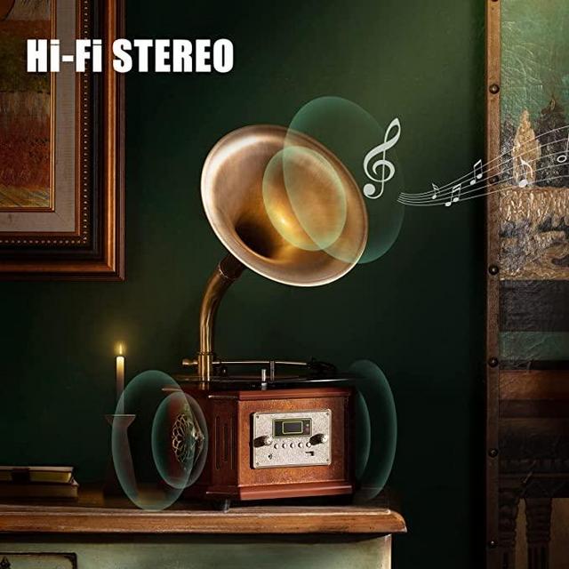 Hofeinz Retro Gramophone Natural Wood Record Player with Bluetooth-in USB FM Radio for Home Living Room Decor Gift