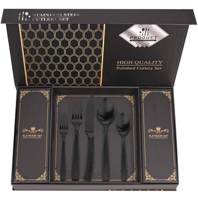 Hammered Black Silverware Set With Gift Box For 8 Cutlery Set Utensils Stainless Steel Flatware 40 Pieces MIKIWAY Luxury Kitchen Tableware Set For Gifts Festive, Dishwasher Safe, Mirror Polishing