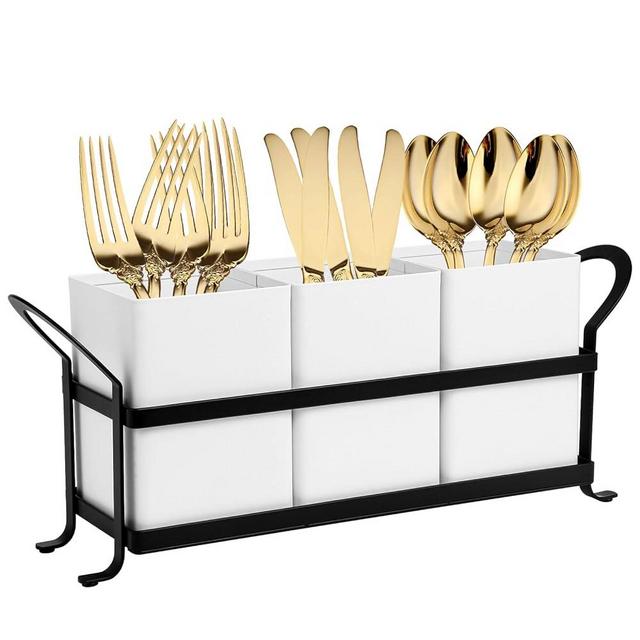 NelyBet Utensil Holder Silverware Caddy for Party Countertop, 3pcs Bins Set Silverware Caddy Organizer Holders for Spoon and Fork, White and Black
