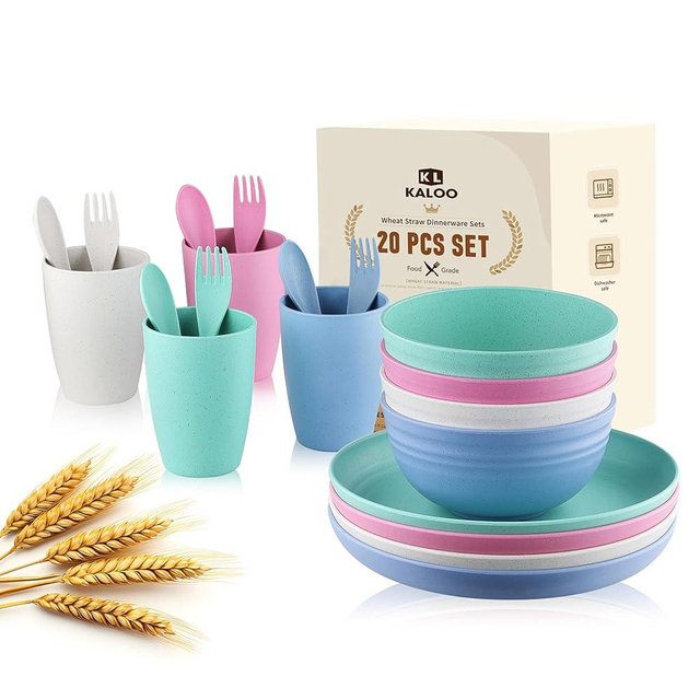 Wheat Straw Dishes Dinnerware Sets, Kaloo 20pcs Lightweight Unbreakable Dish Set, Microwave and Dishwasher Safe, Reusable Kids and Toddler Plates and Bowls Sets