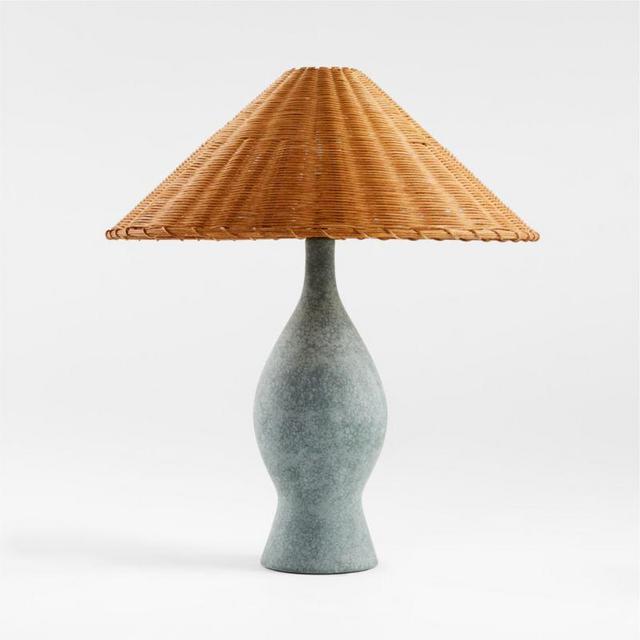 Courbe Green Ceramic Table Lamp with Rattan Shade by Athena Calderone