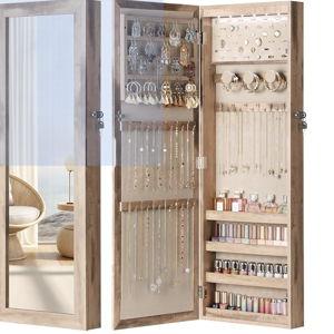 Nicetree 6 LEDs Mirror Jewelry Cabinet, Large Capacity Lockable Jewelry Armoire Organizer, Door or Wall Mounted Mirror with Jewelry Storage,Toasted Oak