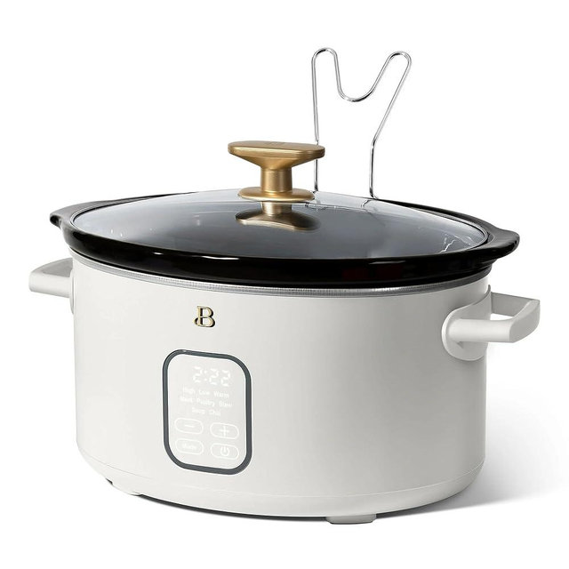 Beautiful 6 Qt Programmable Slow Cooker by Drew Barrymore-5 Preset Cooking Functions, Digital Countdown Timer, Dishwasher-Safe Parts and Cool-Touch Handles (Icing)