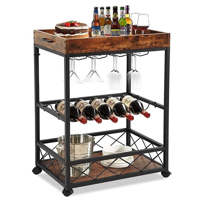 TooCust Bar Carts for The Home Wine Cart with Removable Tray, Small Bar Cart with Wine Rack & Glass Holder Mini Bars for Home, Mobile Bar Glass Bar Cart Mini Bar Liquor Cart Serving Cart