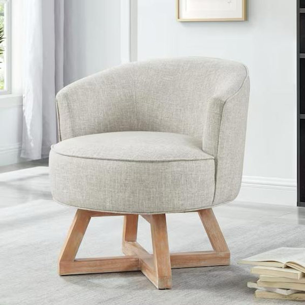Noble House Horsan Light Gray Upholstered Linen 360° Swivel Arm Chair, Rubberwood Cross-Shape Legs 114754