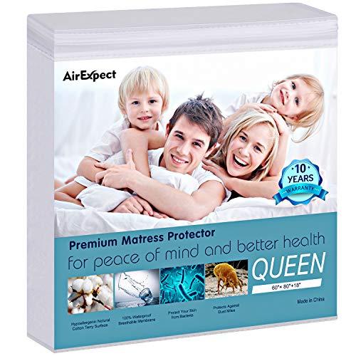 AirExpect Waterproof Mattress Protector Queen Size 100% Organic Cotton Hypoallergenic Breathable Mattress Pad Cover, 18" Deep Pocket, Vinyl Free - 60" x 80"