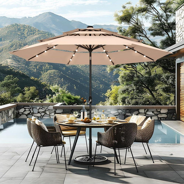 Sophia & William 10ft Patio Umbrellas 3-Tier Umbrella Outdoor Patio Umbrellas with Lights Vented Top 24 LED lights Adjustable Tilt for Pool Garden Backyard