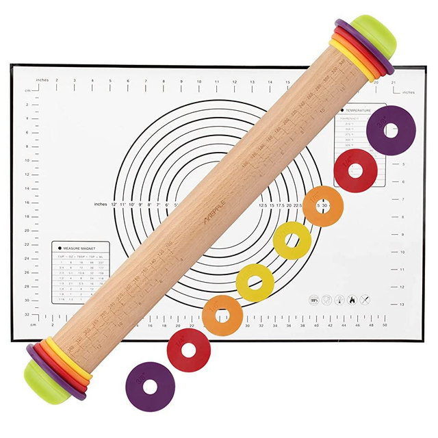 Mepple Rolling Pin with Thickness Rings and Pastry Baking Mat, 13.6" Adjustable Rolling Pin Wood Dough Roller for Baking Cookie Pizza, Comes with Large Silicone Pastry Mat, Kitchen Baking Tools