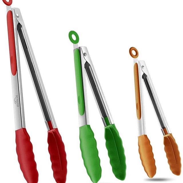 Bnlcd Kitchen Tongs, Premium Stainless Steel Locking Cooking Tongs with Silicone Tips, Non-Slip Food Tongs for Cooking, Heavy Duty, Non-Stick, 600℉, Set of 3-7" 9" and 12" Multicolor