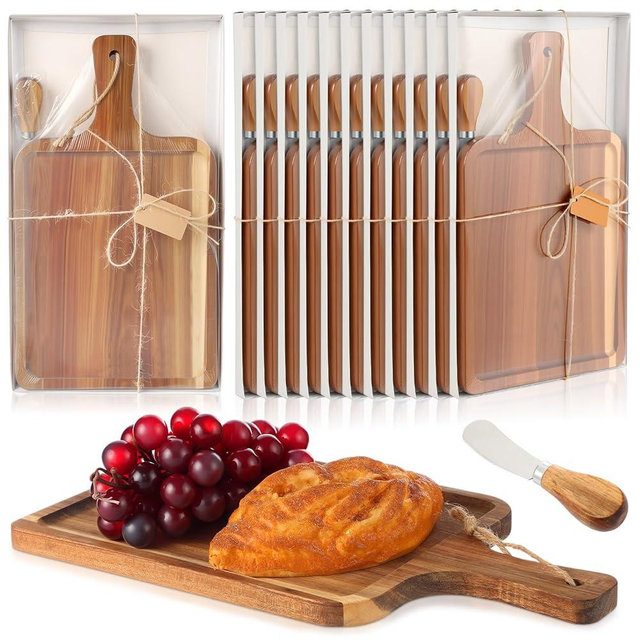 Geetery 12 Set Acacia Wood Charcuterie Board with Knife Wooden Serving Tray with Groove Acacia Wood Cutting Board with Gift Box and Card for Wedding Baby Shower Housewarming Gift (14 x 8 Inches)