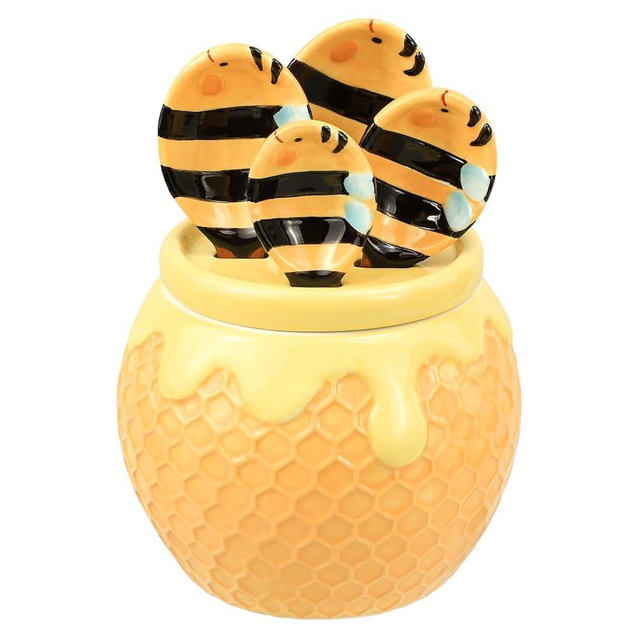 Sizikato 4pcs Porcelain Measuring Spoons with Base, Cute Ceramic Bee Spoons and Honeycomb Cup