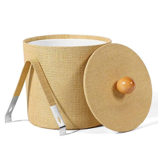 Sophinique Ice Bucket 3 Quart,Double Walled Ice Bucket with Tong, Insulated Faux Leather Ice Bucket, Natural Fabric Home Decorative Ice Bucket, Best for Home, Guest Rooms and Bar