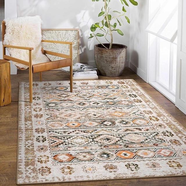 Wonnitar Bohemian Ultra-Thin 5x7 Rug,Washable Boho Living Room Area Rug,Large Moroccan Trellis Rug for Bedroom,Non-Slip Non-Shedding Vintage Tribal Geometric Floor Carpet for Kitchen Closet Dorm