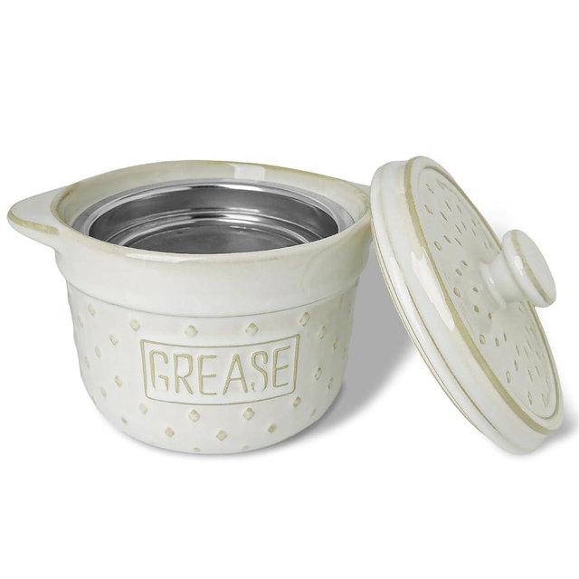 GDCZ Ceramic Bacon Grease Container with Strainer, 18 Oz Bacon Grease Keeper, Bacon Fat Strainer Cooking for Grease Drippings and Storage (White)