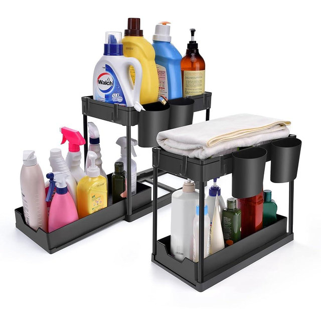 Under Sink Organizers and Storage,Under Bathroom Sink Organizers, 2 Tier Organizers with Pull Out Sliding Drawers,Multi-purpose Organization and Storage with 4 Hooks for Bathrooms, Cabinet Organizers