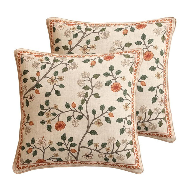 ISAENNE Design Linen Classic Throw Pillow Covers 18"x18" Pack of 2, French Farmhouse Square Cushion Covers with Orange White Floral Pattern Decoration Pillowcases for Bed,Living Room,Outdoor,Car