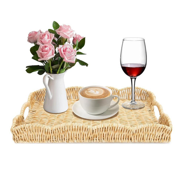 Rectangle Wicker Scalloped Tray, Hand Woven Synthetic Rattan Serving Tray with Handles, Coffee Table Decorative Tray Basket for Modern Boho Rustic Home Ornament or Organizing (Beige)