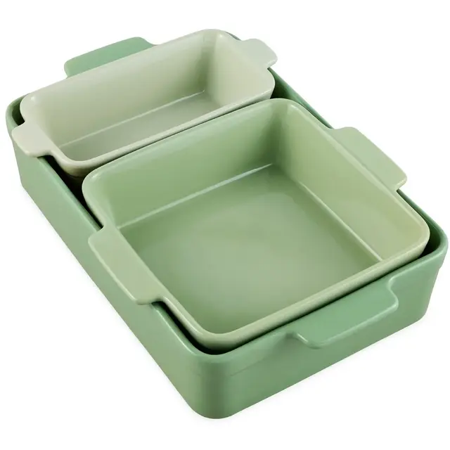 Best Choice Products Ceramic Bakeware Set of 3 Casserole, Loaf, and Square Dishes w/ Handles - Sage Green
