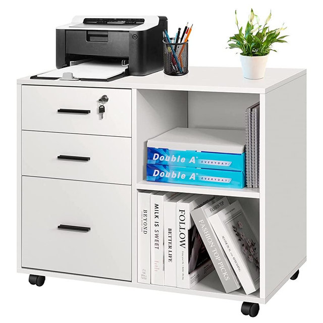 VIVOHOME Mobile File Cabinet with Open Storage Shelves, Rolling Printer Stand with Drawers, for A4 or Letter Size Hanging File Folders, White