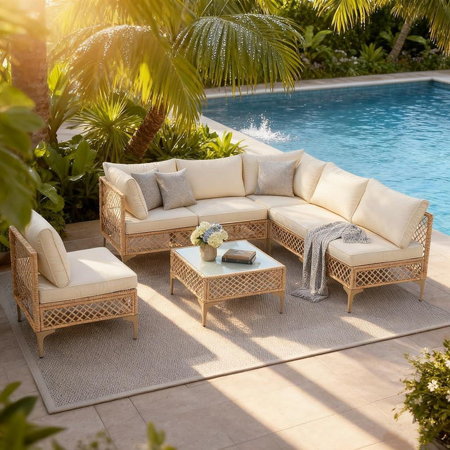 PORWEY 7 Piece Patio Furniture Set, Outdoor Wicker Sectional Sofa Conversation Set with Water Resistant Thick Cushions & Tempered Glass Coffee Table for Backyard, Porch, Boho Style, Natural/Beige