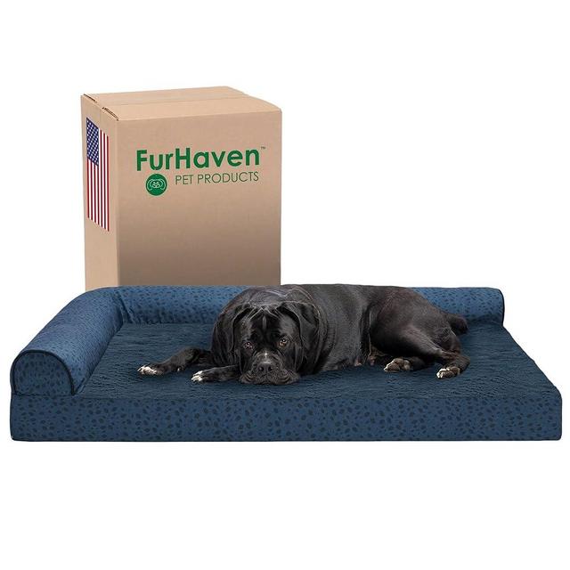 Furhaven Orthopedic Dog Bed for Large Dogs w/ Removable Bolsters & Washable Cover, For Dogs Up to 125 lbs - Plush & Almond Print L Shaped Chaise - Blue Almonds, Jumbo Plus/XXL