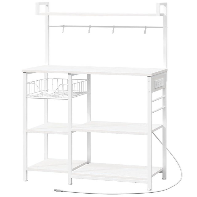 HOOBRO Bakers Rack with Power Outlet, 35.4 Inches Coffee Bar with Mesh Basket, Microwave Stand with 4 S-Shaped Hooks, Kitchen Bakers Rack with Storage, Easy to Assemble, White WT05HB01