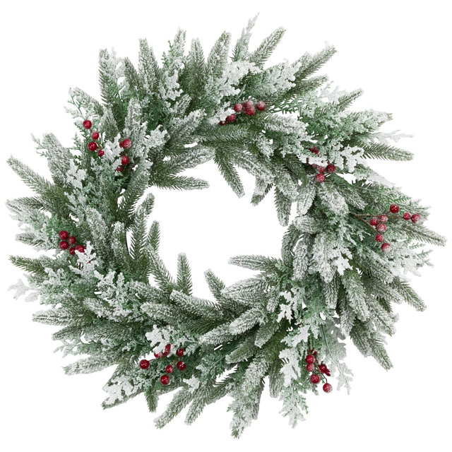 Northlight Real Touch™️ Flocked Wind River Fir with Berries Artificial Christmas Wreath - 24" - Unlit