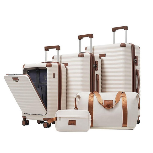 Luggage Sets 5 Piece with USB Port, Spinner Wheels, Duffel Bag and Toiletry Bag - White