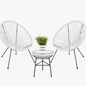 Harijs 3-Piece All-Weather Patio Acapulco Bistro Furniture Set w/ Rope, Glass Top Table - White