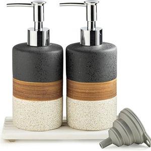 Ceramic Dish Soap Dispensers Set(2 Pack), Hand, Dish, Shower Soap Dispenser for Kitchen Sink & Bathroom, Includes Stainless Steel Pump, Silicone Funnel & Diatomaceous Holder, Black