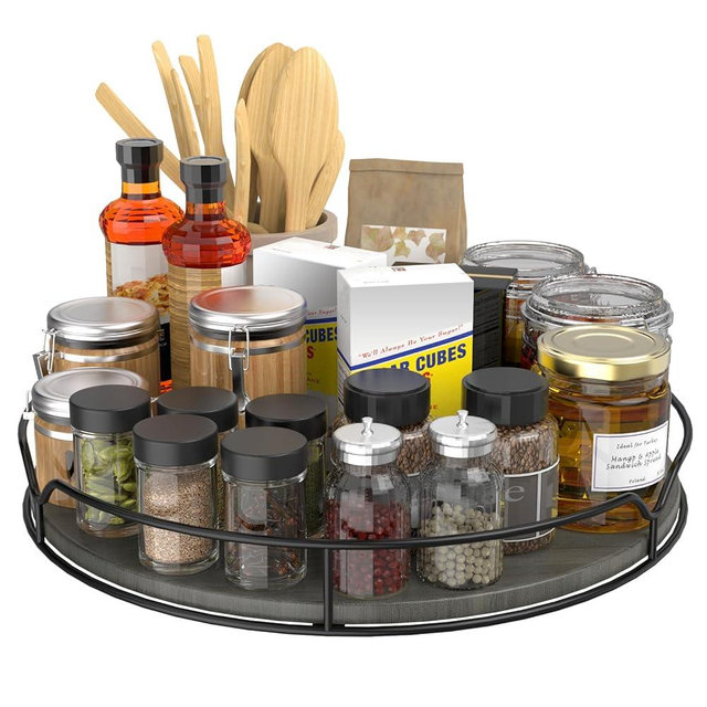 Lazy Susan Turntable Organizer with Anti-Slip Mat for Cabinet Pantry Kitchen Countertop Refrigerator Office, Pine Wood, 12", Grey…