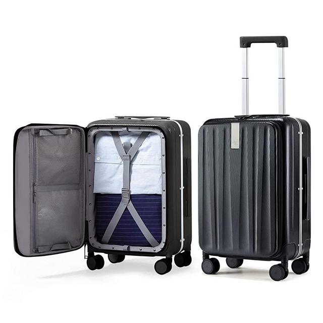 Hanke Carry On Luggage, Suitcase with Wheels & Front Opening, 20in Spinner Luggage Built in TSA Aluminum Frame PC Hardside Rolling Suitcases Travel Bag - Black
